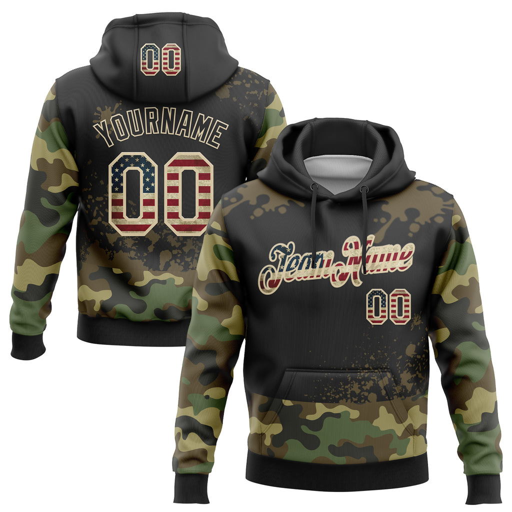 Custom Stitched Camo Vintage USA Flag Black-Cream Paint Splatter Salute To Service Pullover Sweatshirt Hoodie