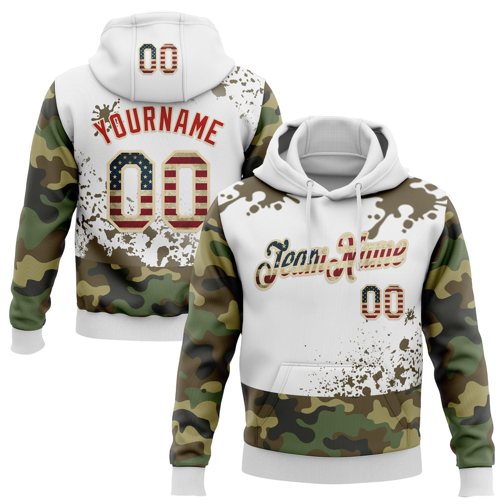 Custom Stitched Camo Vintage USA Flag White Cream-Red Paint Splatter Salute To Service Pullover Sweatshirt Hoodie