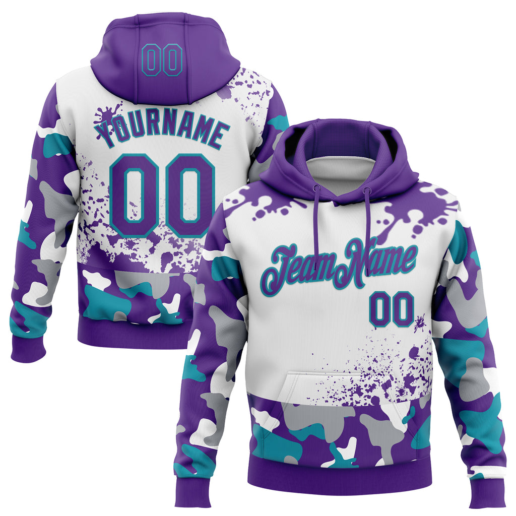 Custom Stitched Camo Purple White-Teal Paint Splatter Salute To Service Pullover Sweatshirt Hoodie