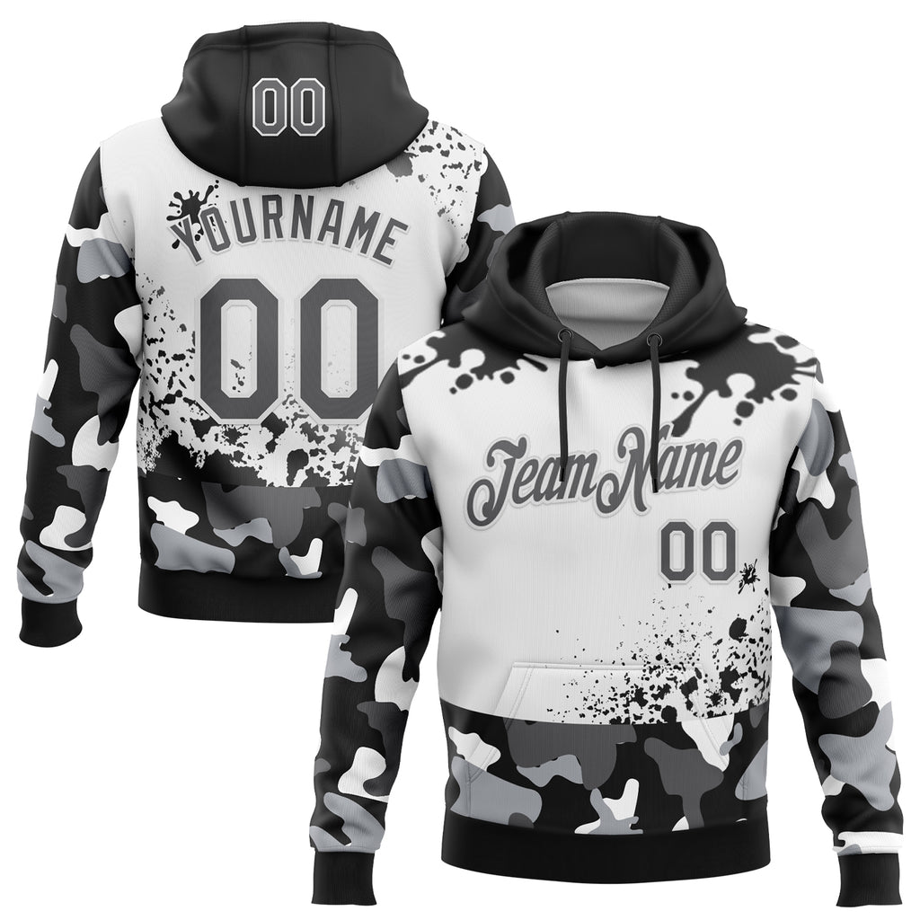 Custom Stitched Camo Steel Gray Black-White Paint Splatter Salute To Service Pullover Sweatshirt Hoodie