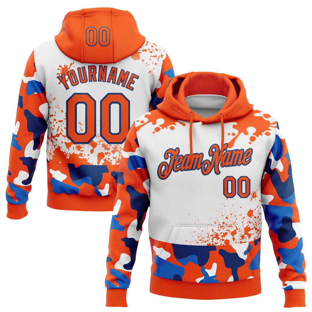 Custom Stitched Camo Orange White-US Navy Blue Paint Splatter Salute To Service Pullover Sweatshirt Hoodie