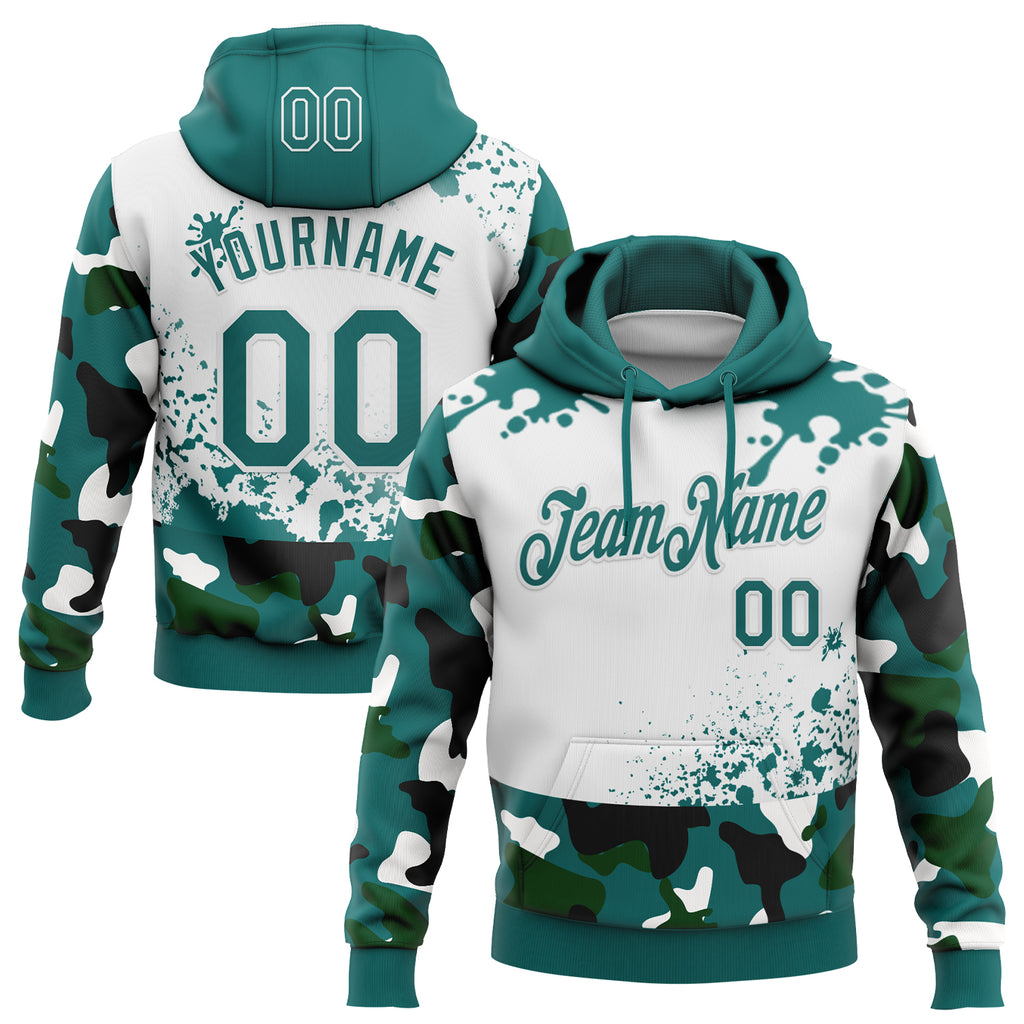 Custom Stitched Camo Teal-White Paint Splatter Salute To Service Pullover Sweatshirt Hoodie