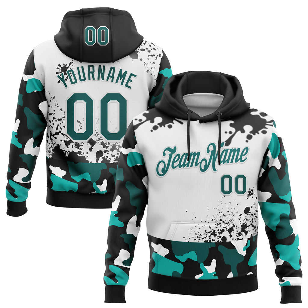 Custom Stitched Camo Midnight Green Black-White Paint Splatter Salute To Service Pullover Sweatshirt Hoodie
