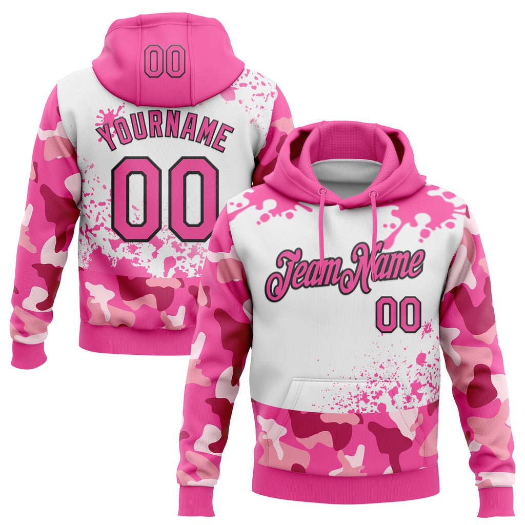 Custom Stitched Camo Pink White-Black Paint Splatter Salute To Service Pullover Sweatshirt Hoodie