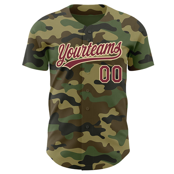 Custom Camo Burgundy-Cream Authentic Salute To Service Baseball Jersey