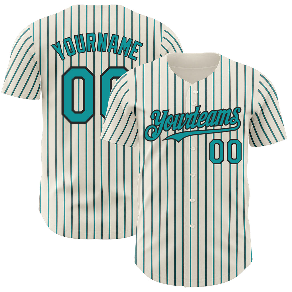 Custom Cream (Black Teal Pinstripe) Teal-Black Authentic Baseball Jersey