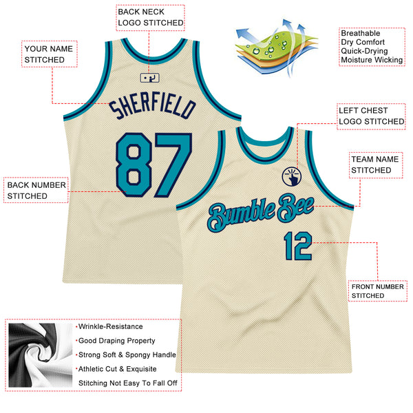 Custom Cream Teal-Navy Authentic Throwback Basketball Jersey