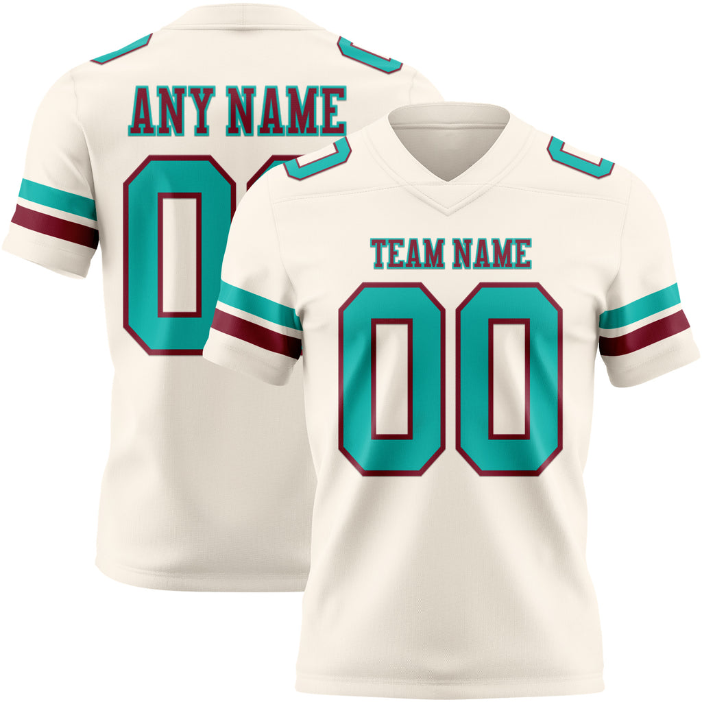 Custom Cream Aqua-Crimson Mesh Authentic Football Jersey