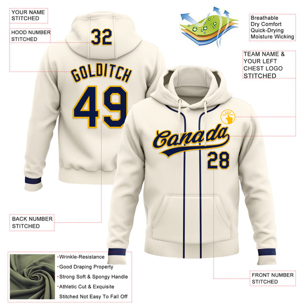 Custom Stitched Cream Navy-Gold Baseball Pullover Sweatshirt Hoodie