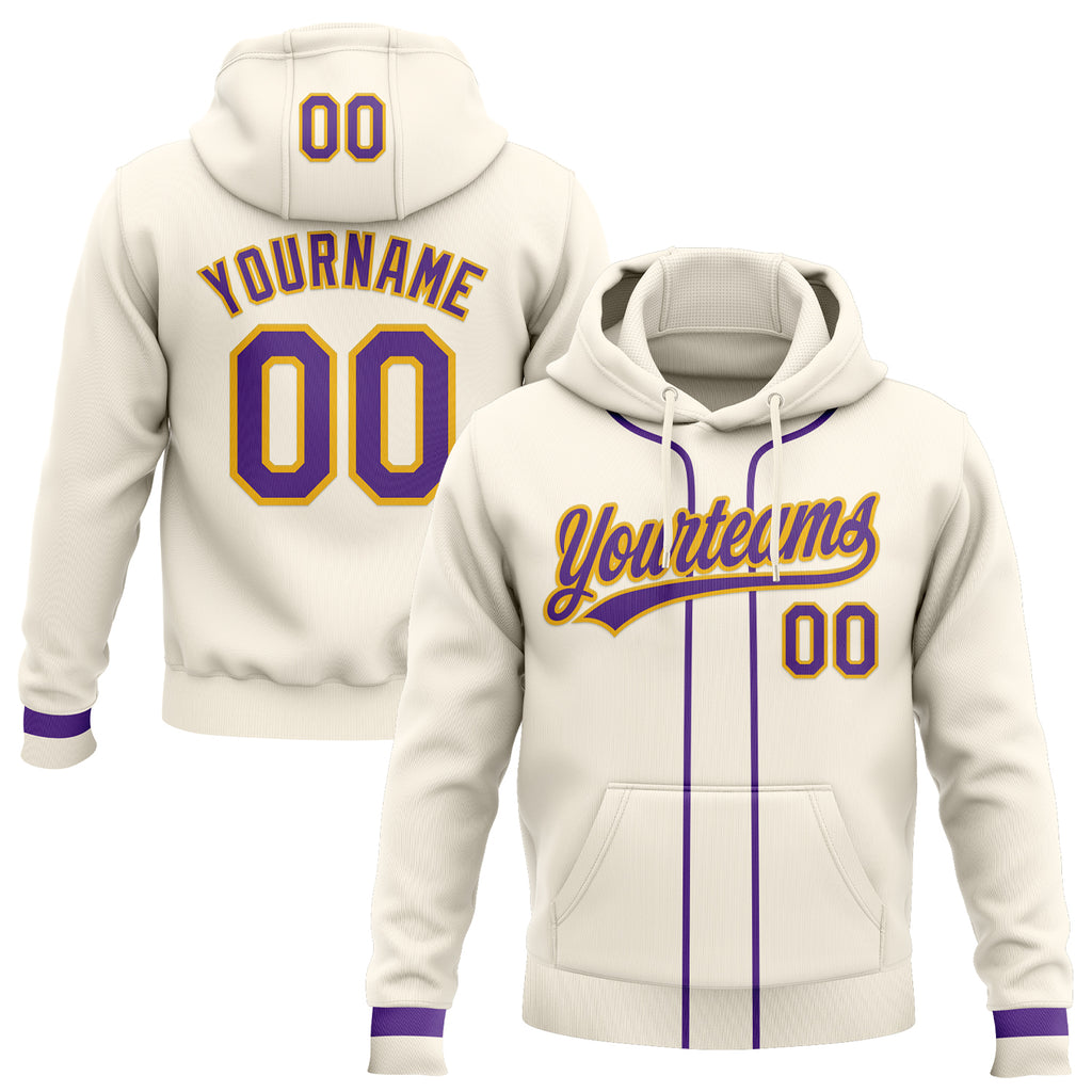 Custom Stitched Cream Purple-Gold Baseball Pullover Sweatshirt Hoodie