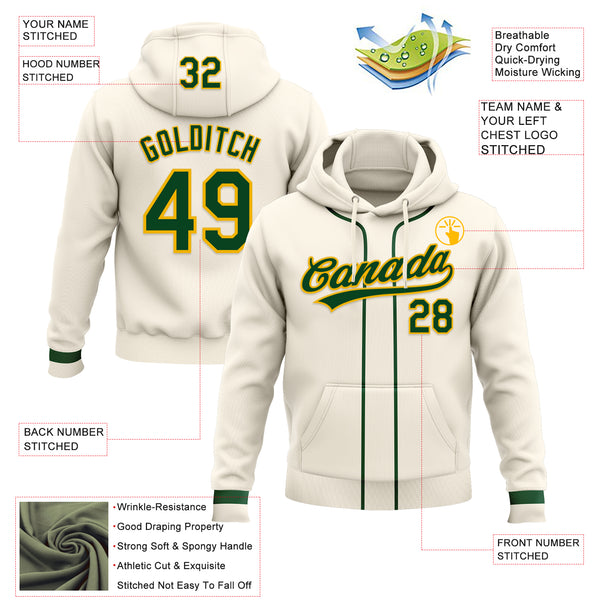 Custom Stitched Cream Green-Gold Baseball Pullover Sweatshirt Hoodie