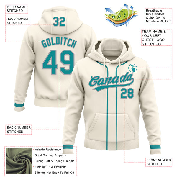 Custom Stitched Cream Teal-Gray Baseball Pullover Sweatshirt Hoodie