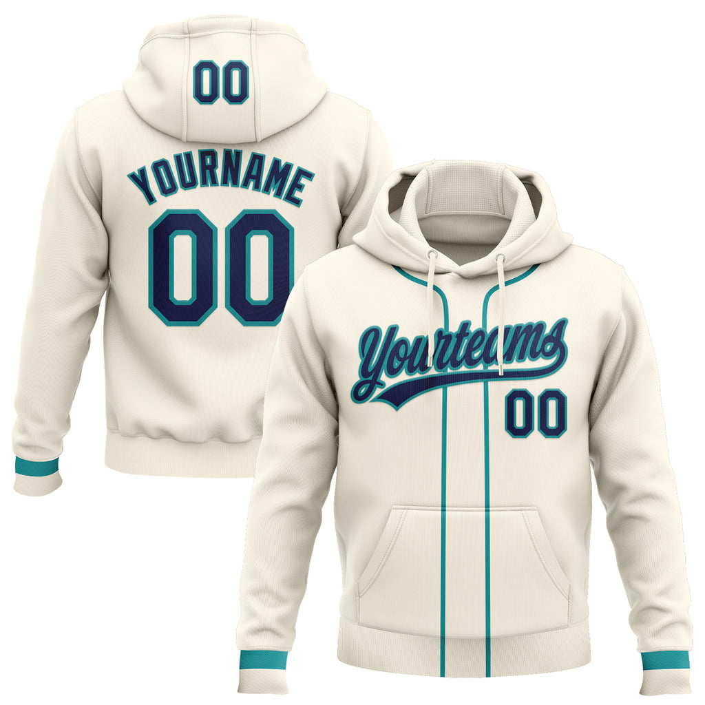 Custom Stitched Cream Navy-Teal Baseball Pullover Sweatshirt Hoodie