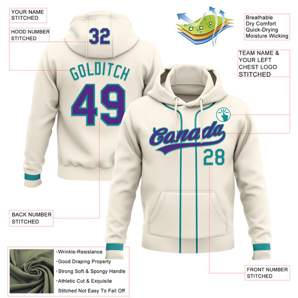 Custom Stitched Cream Purple-Teal Baseball Pullover Sweatshirt Hoodie