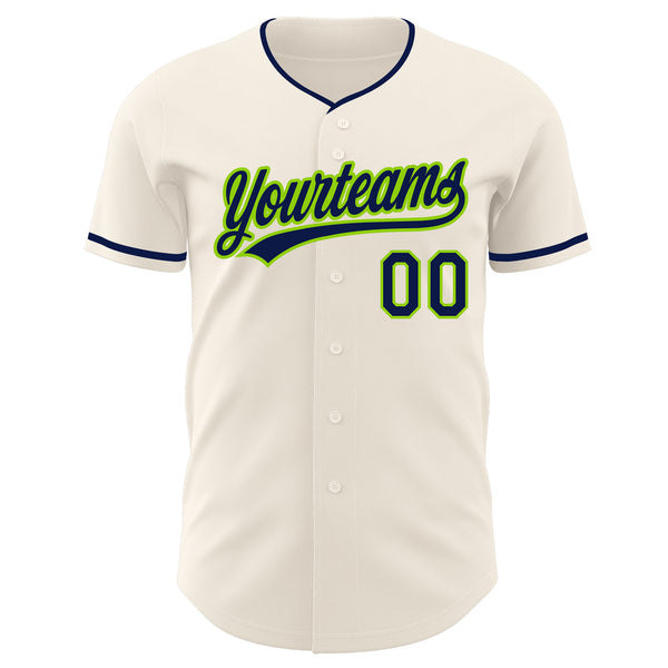 Custom Cream Navy-Neon Green Authentic Baseball Jersey