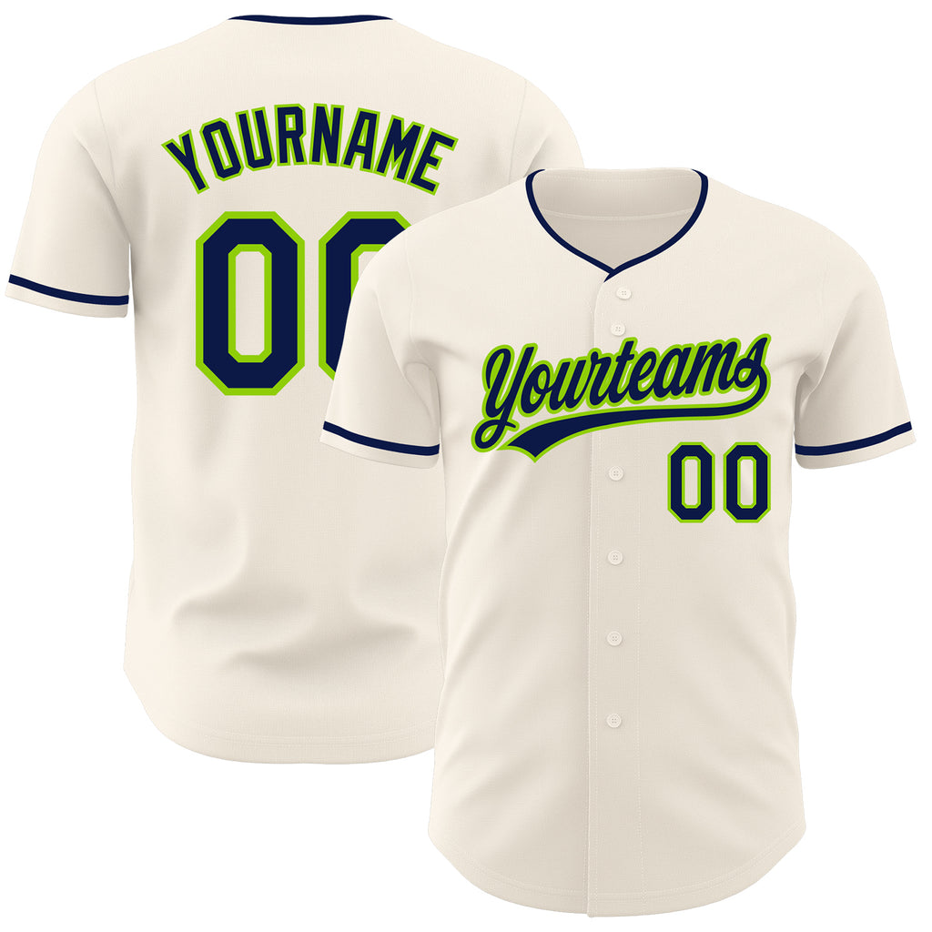 Custom Cream Navy-Neon Green Authentic Baseball Jersey