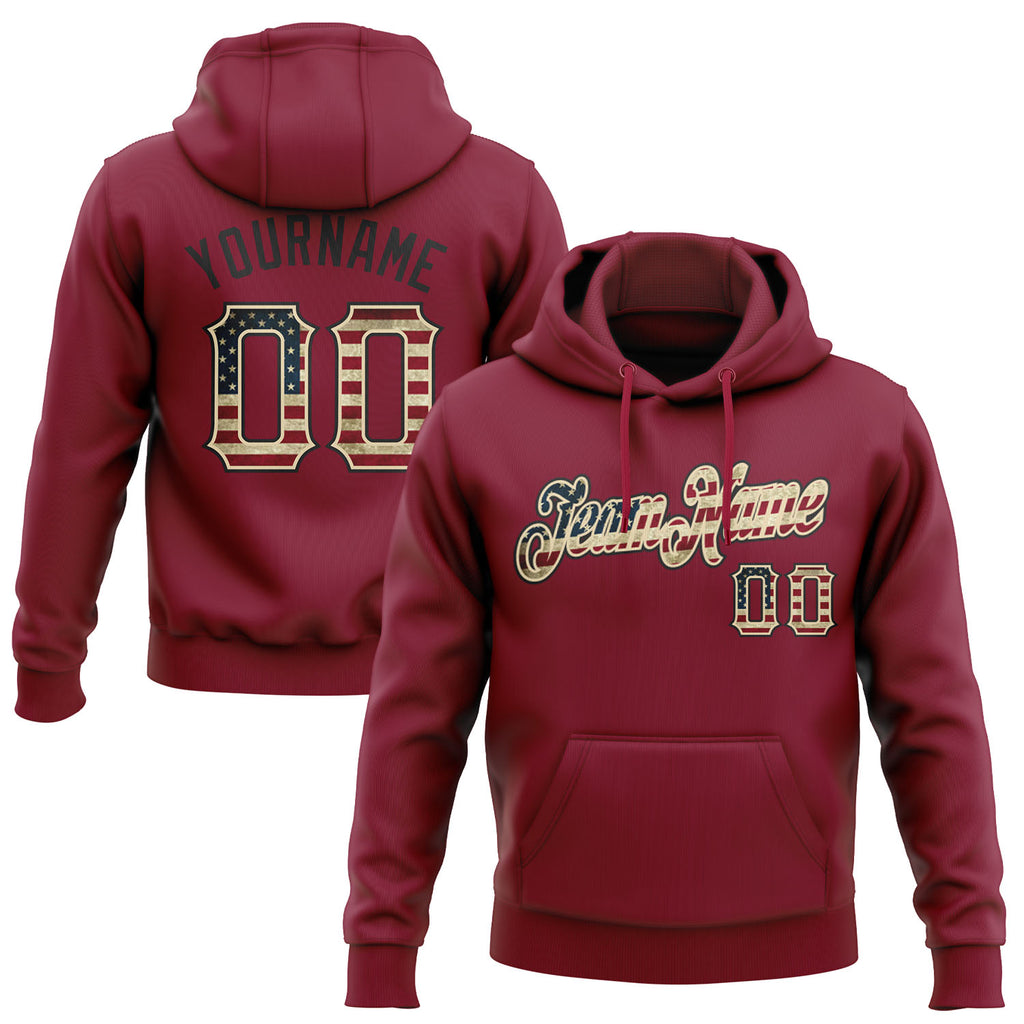Custom Stitched Crimson Vintage USA Flag Cream-Black Pullover Sweatshirt Hoodie