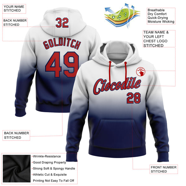 Custom Stitched White Red-Navy Fade Fashion Sports Pullover Sweatshirt Hoodie