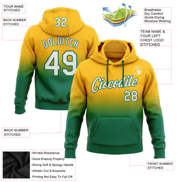 Custom Stitched Gold White-Kelly Green Fade Fashion Sports Pullover Sweatshirt Hoodie