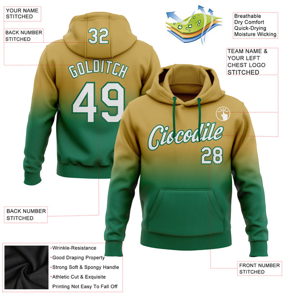 Custom Stitched Old Gold White-Kelly Green Fade Fashion Sports Pullover Sweatshirt Hoodie