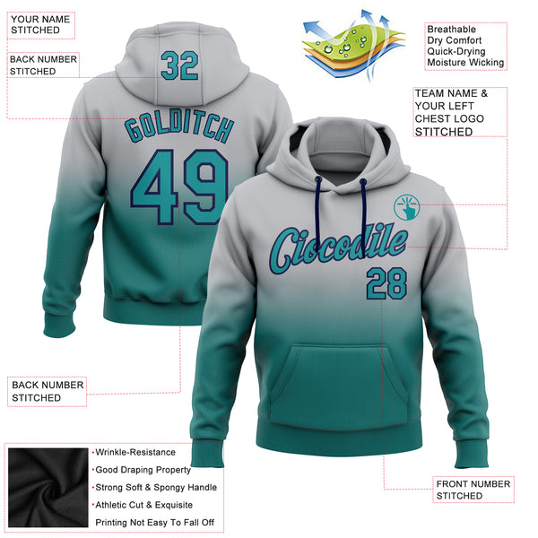 Custom Stitched Gray Teal-Navy Fade Fashion Sports Pullover Sweatshirt Hoodie