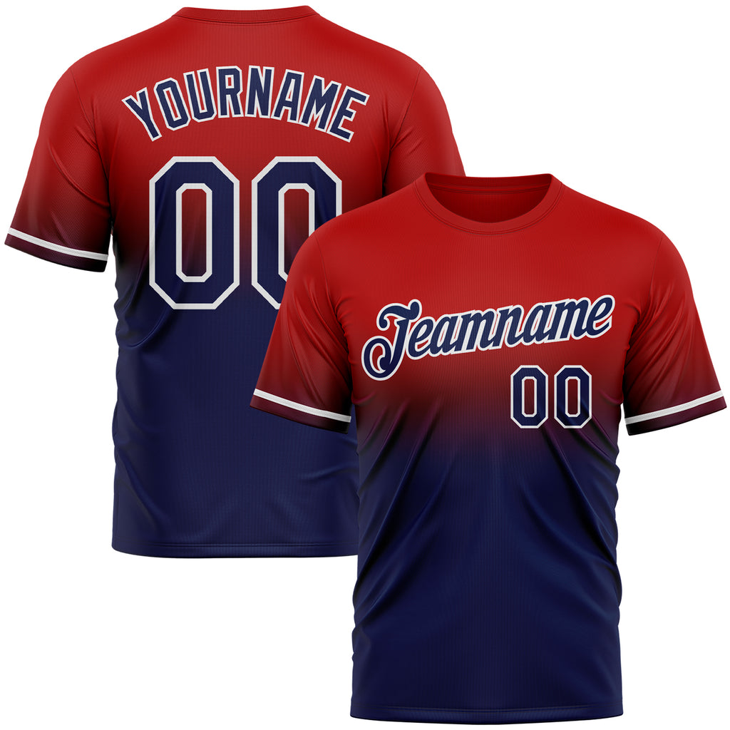 Custom Red Navy-White Fade Fashion Performance T-Shirt
