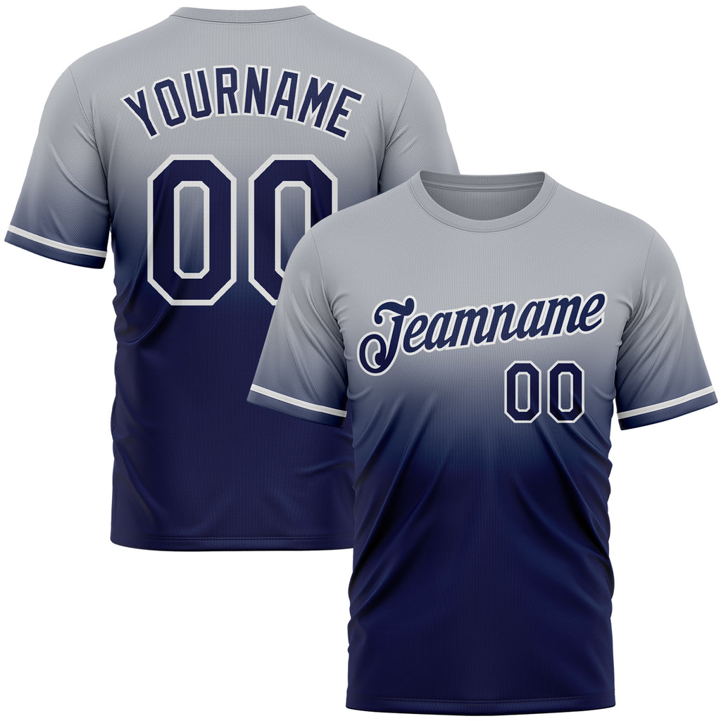 Custom Gray Navy-White Fade Fashion Performance T-Shirt