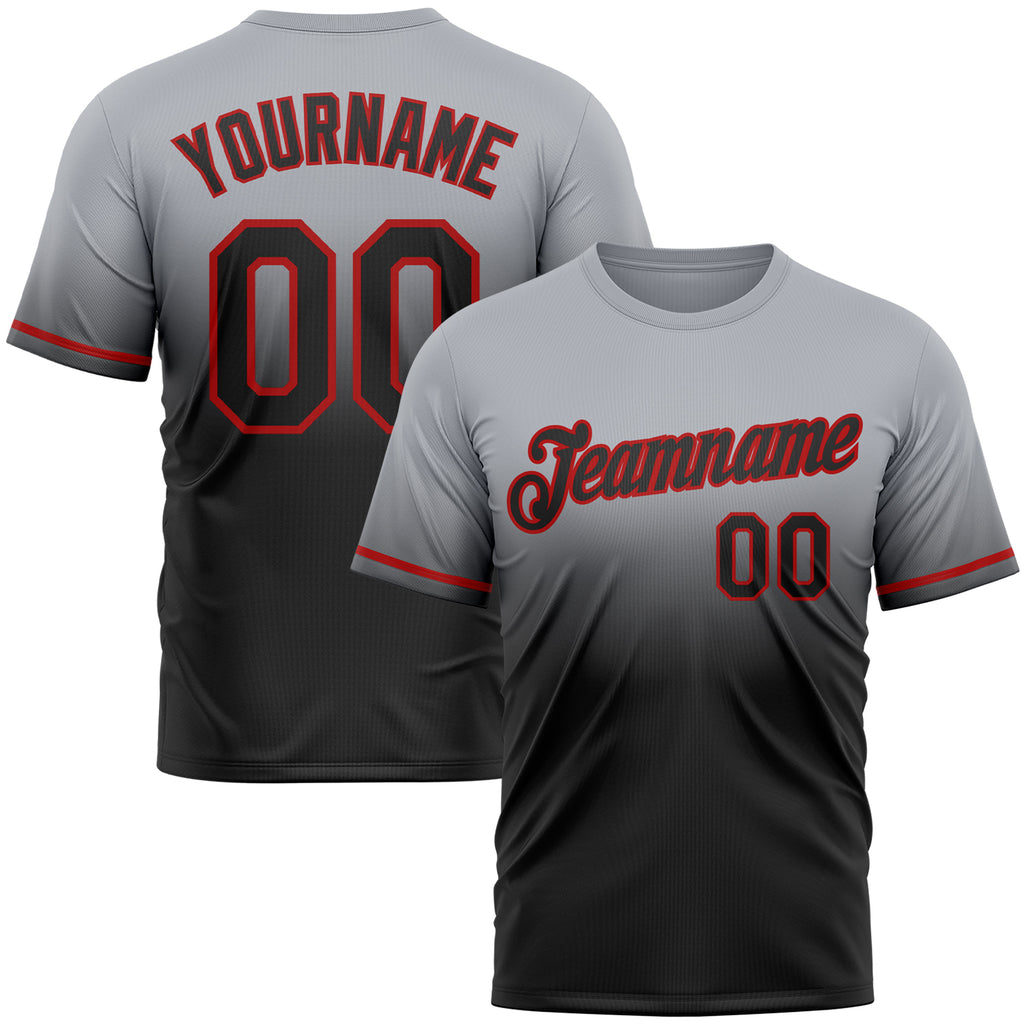 Custom Gray Black-Red Fade Fashion Performance T-Shirt