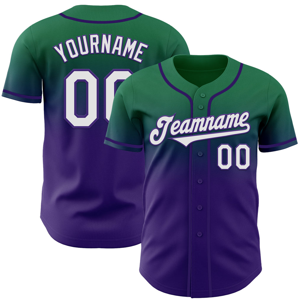 Custom Kelly Green White-Purple Authentic Fade Fashion Baseball Jersey