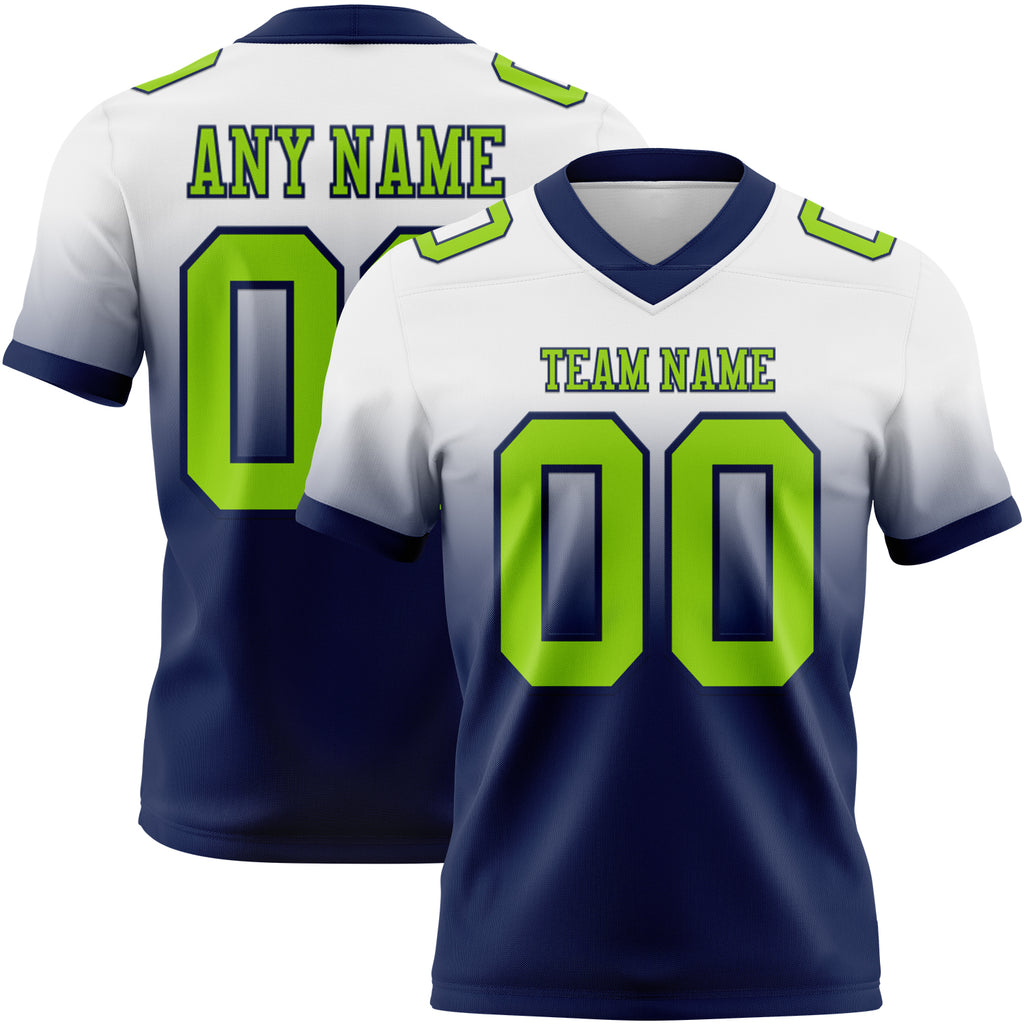 Custom White Neon Green-Navy Mesh Authentic Fade Fashion Football Jersey