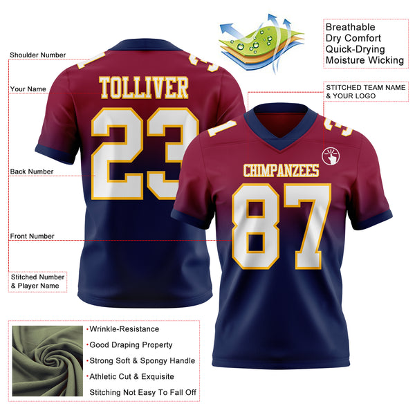 Custom Maroon White Navy-Gold Mesh Authentic Fade Fashion Football Jersey