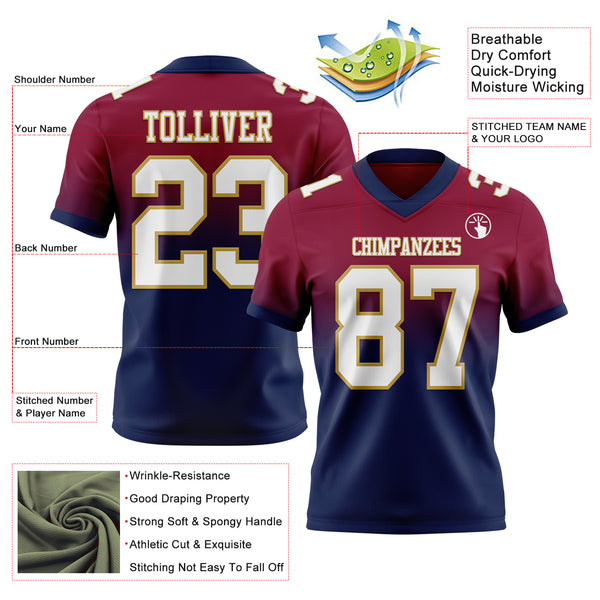 Custom Maroon White Navy-Old Gold Mesh Authentic Fade Fashion Football Jersey