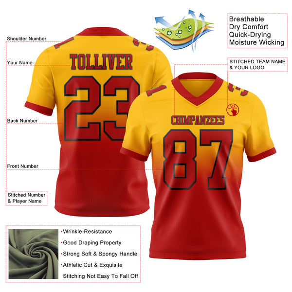 Custom Gold Red-Black Authentic Fade Fashion Football Jersey