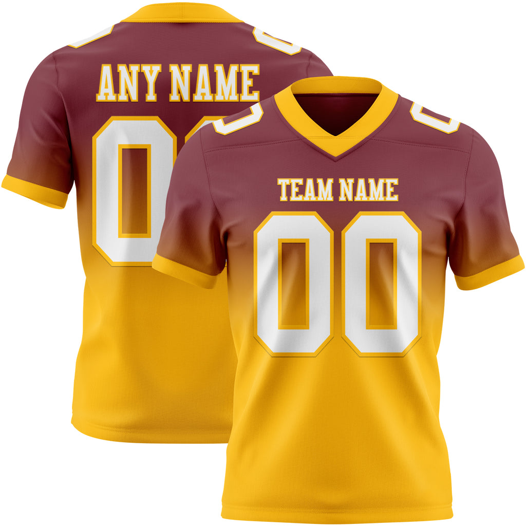 Custom Burgundy White-Gold Mesh Authentic Fade Fashion Football Jersey