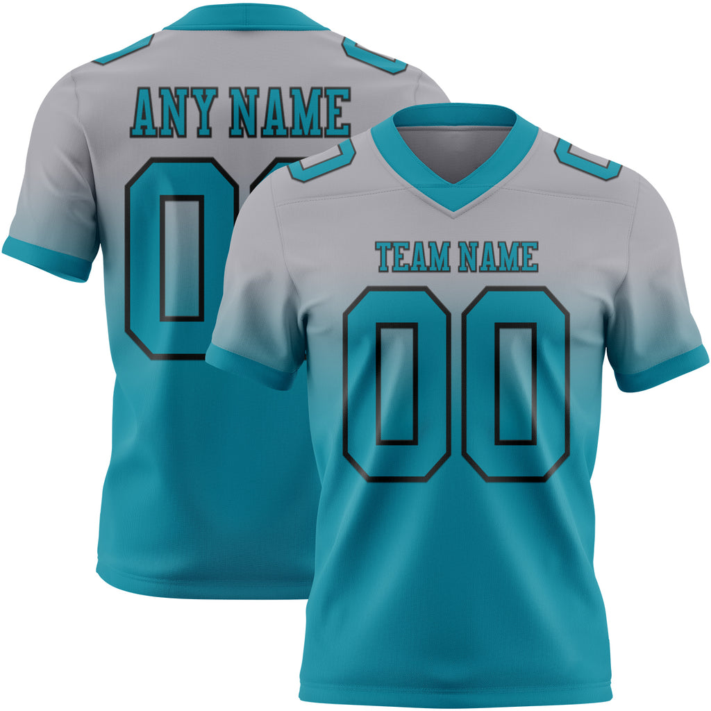 Custom Gray Teal-Black Authentic Fade Fashion Football Jersey