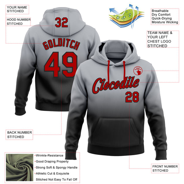 Custom Stitched Gray Red-Black Fade Fashion Sports Pullover Sweatshirt Hoodie