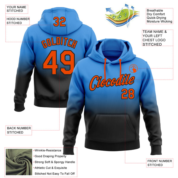 Custom Stitched Powder Blue Orange-Black Fade Fashion Sports Pullover Sweatshirt Hoodie