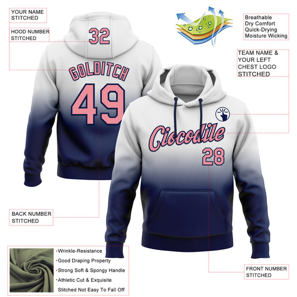 Custom Stitched White Medium Pink-Navy Fade Fashion Sports Pullover Sweatshirt Hoodie