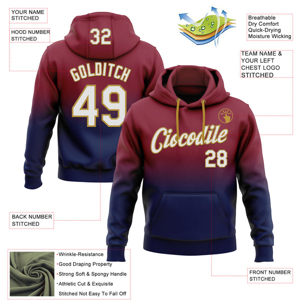 Custom Stitched Crimson White Navy-Old Gold Fade Fashion Sports Pullover Sweatshirt Hoodie