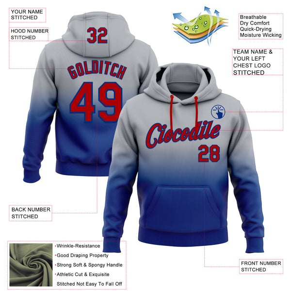 Custom Stitched Gray Red-Royal Fade Fashion Sports Pullover Sweatshirt Hoodie