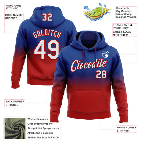 Custom Stitched Royal White-Red Fade Fashion Sports Pullover Sweatshirt Hoodie