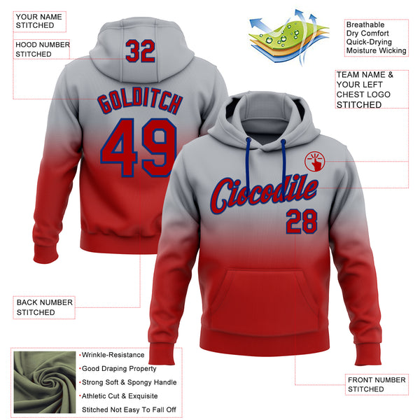 Custom Stitched Gray Red-Royal Fade Fashion Sports Pullover Sweatshirt Hoodie