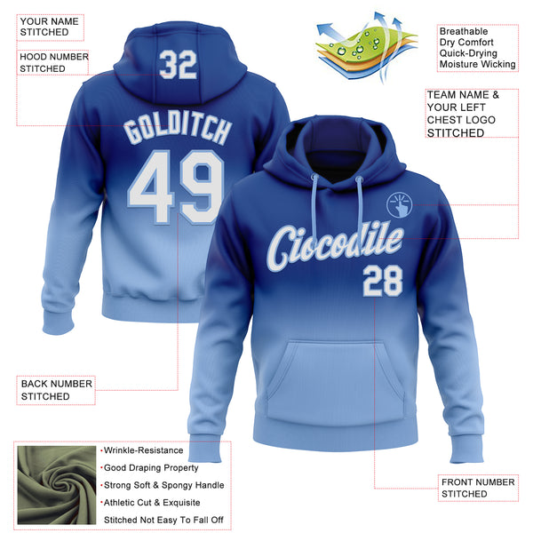 Custom Stitched Royal White-Light Blue Fade Fashion Sports Pullover Sweatshirt Hoodie