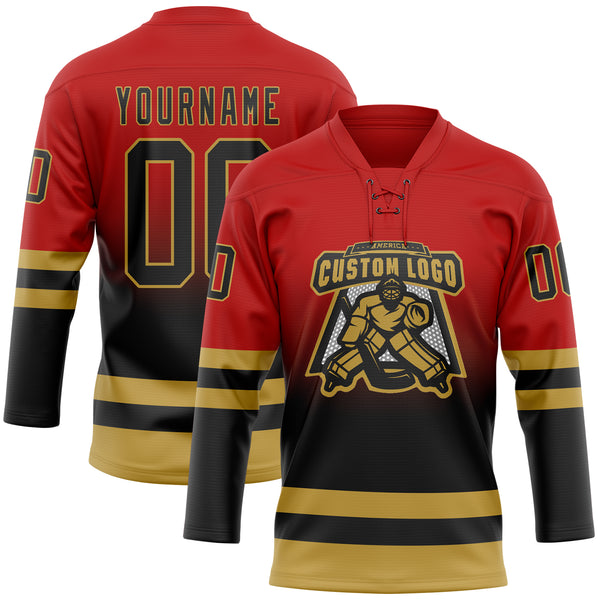 Custom Red Black-Old Gold Fade Fashion Hockey Lace Neck Jersey