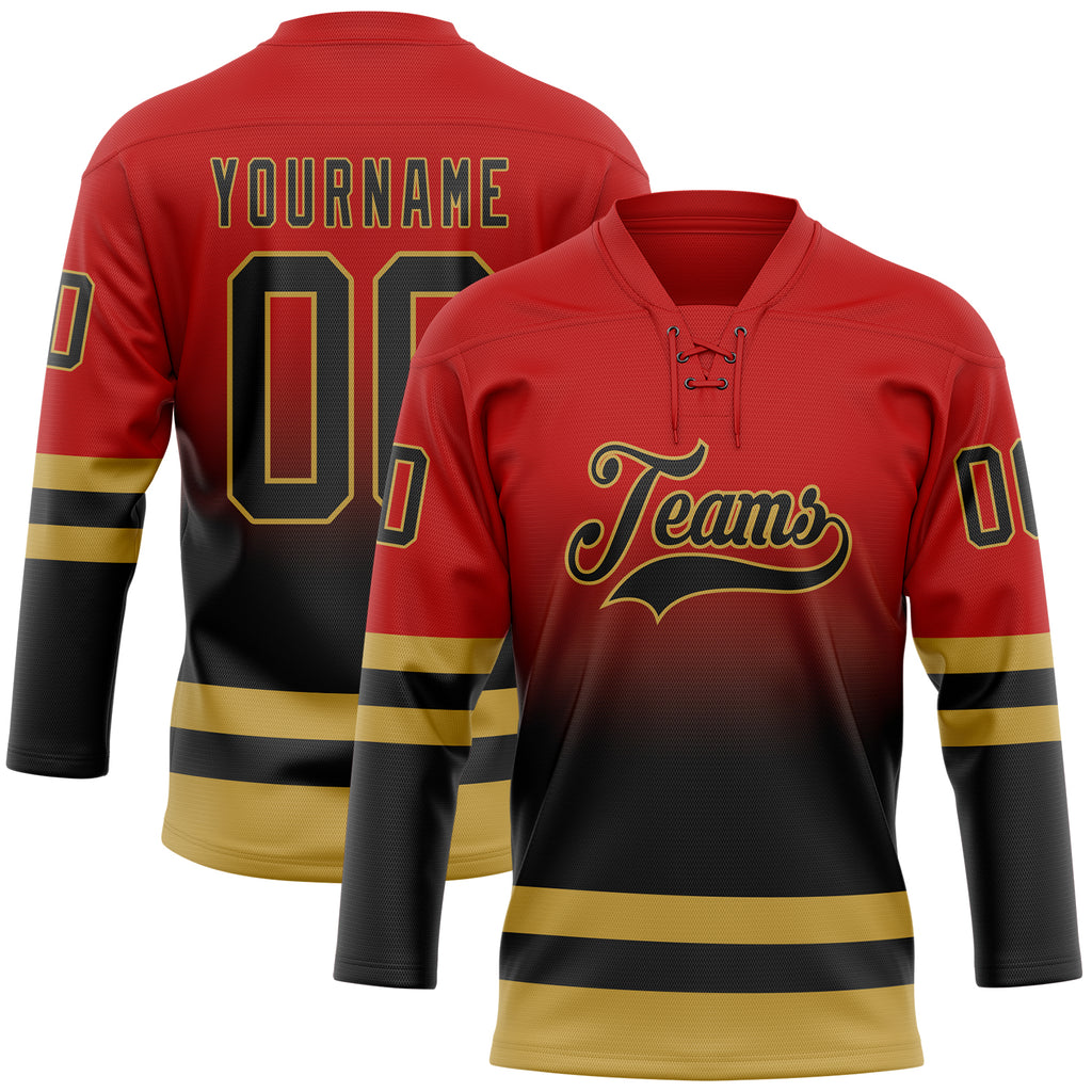Custom Red Black-Old Gold Fade Fashion Hockey Lace Neck Jersey