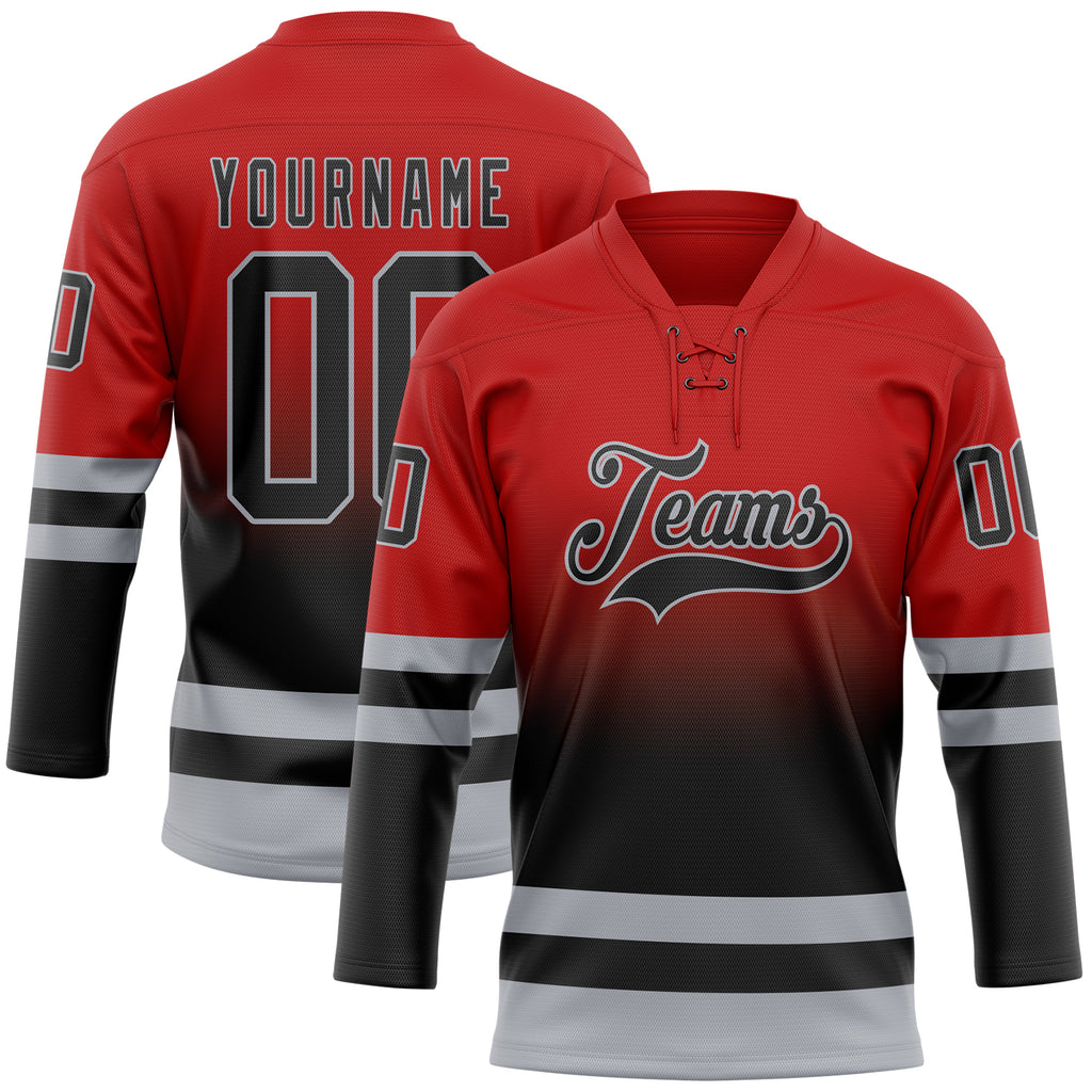 Custom Red Black-Gray Fade Fashion Hockey Lace Neck Jersey