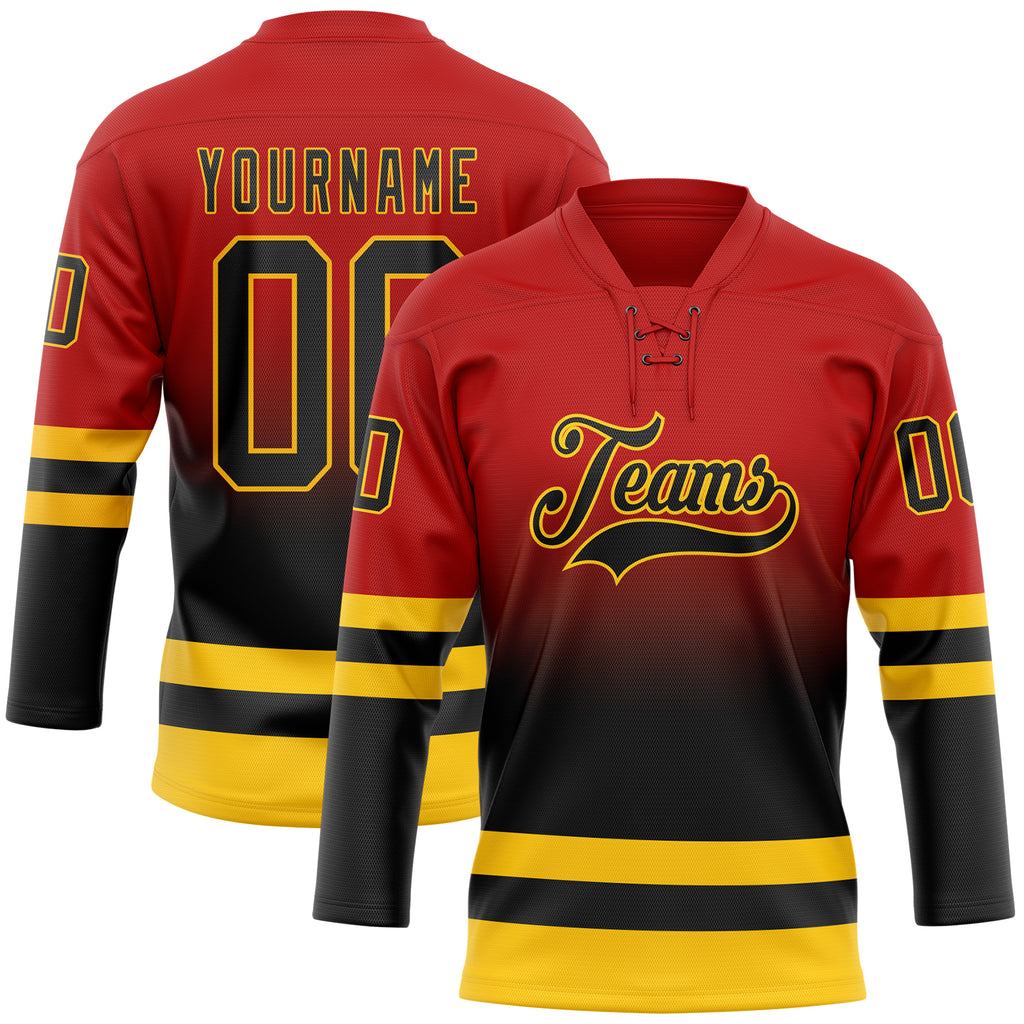 Custom Red Black-Yellow Fade Fashion Hockey Lace Neck Jersey