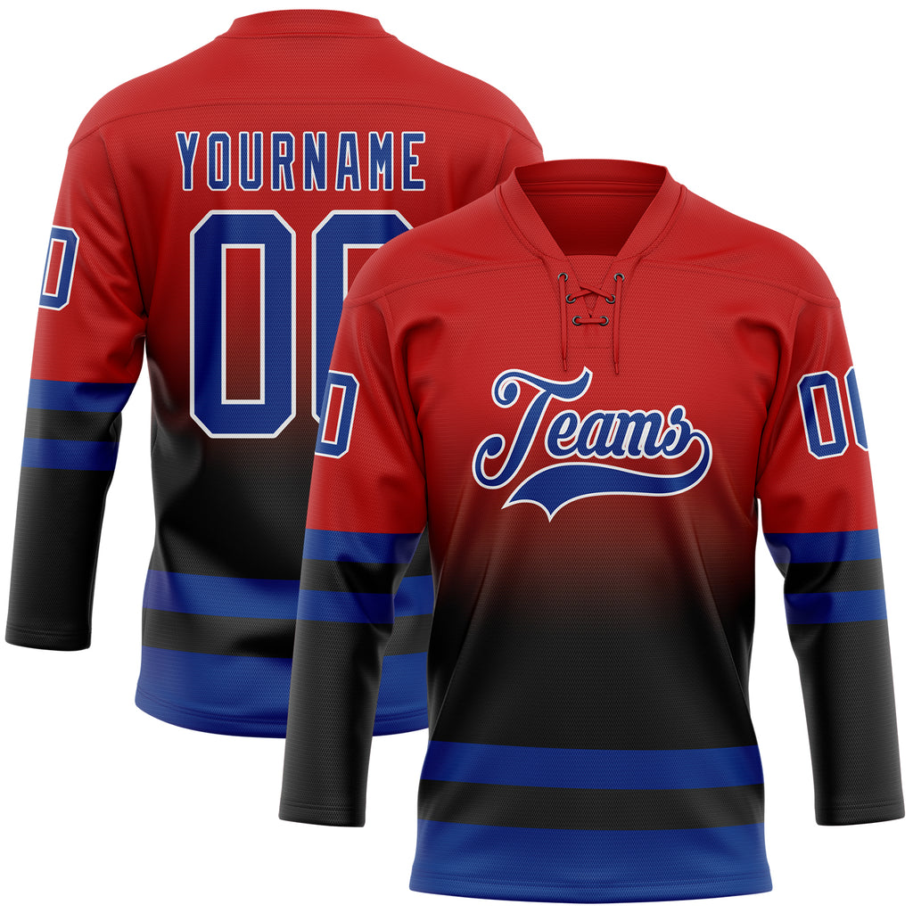 Custom Red Royal Black-White Fade Fashion Hockey Lace Neck Jersey