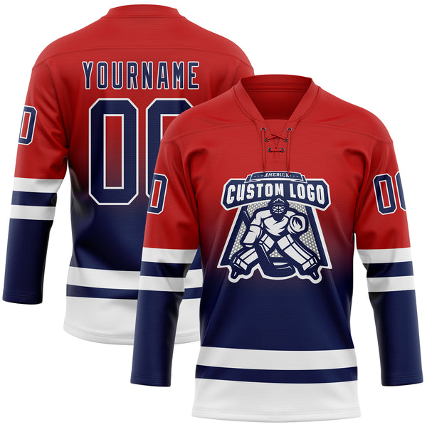 Custom Red Navy-White Fade Fashion Hockey Lace Neck Jersey
