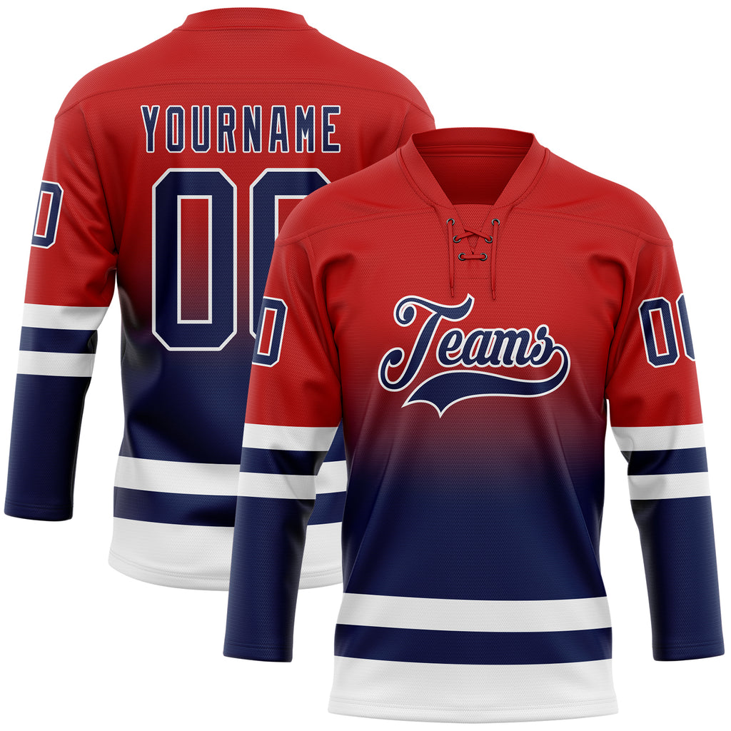 Custom Red Navy-White Fade Fashion Hockey Lace Neck Jersey